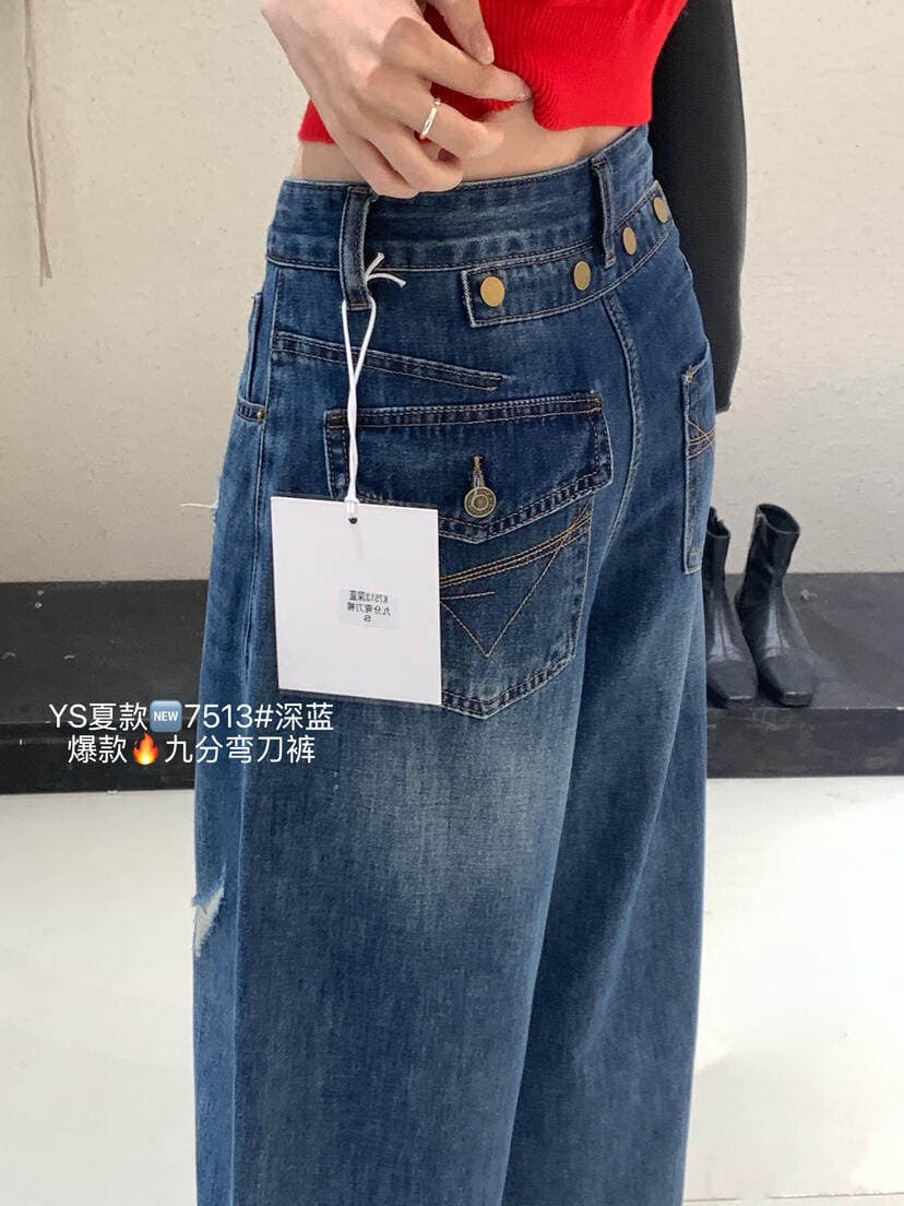 원 색 한 표준 레트로 워싱 찢어진 부분 다용도 캐주얼 슬림해 보이는 넓은 다리 9부 바지 청바지 2026 여름 새로운 상세 이미지 6