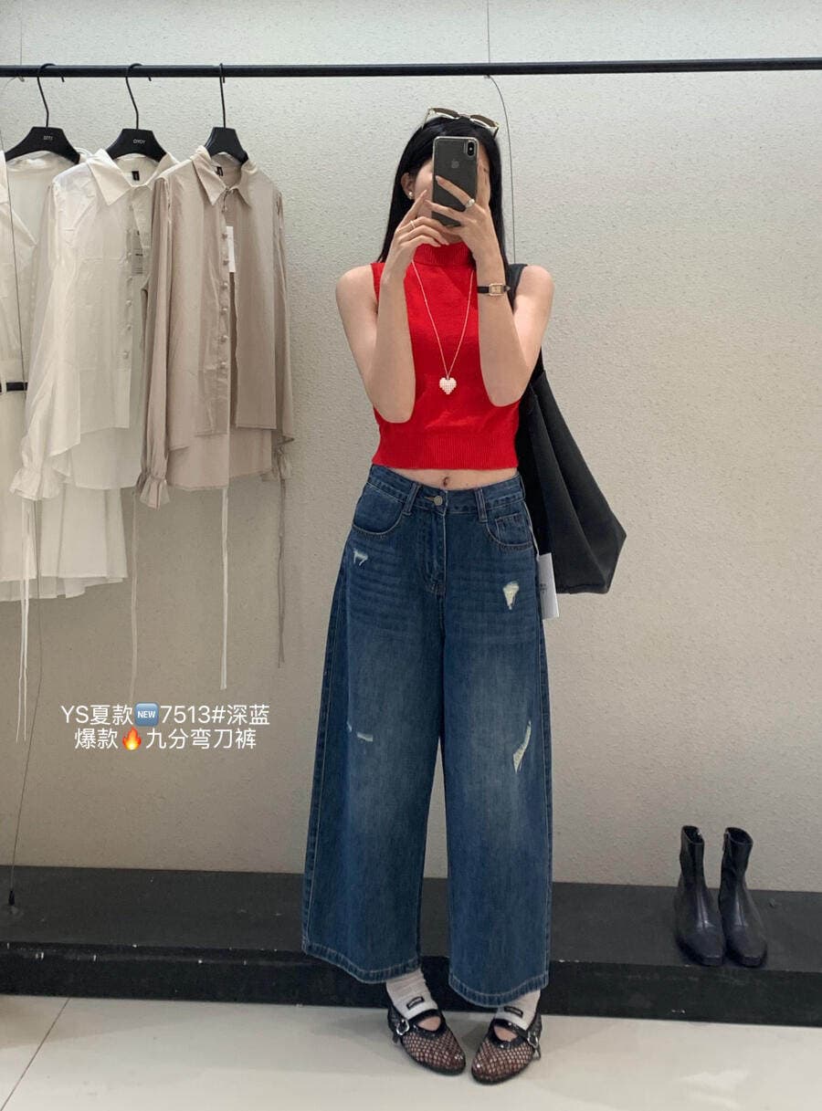 원 색 한 표준 레트로 워싱 찢어진 부분 다용도 캐주얼 슬림해 보이는 넓은 다리 9부 바지 청바지 2026 여름 새로운 상세 이미지 7