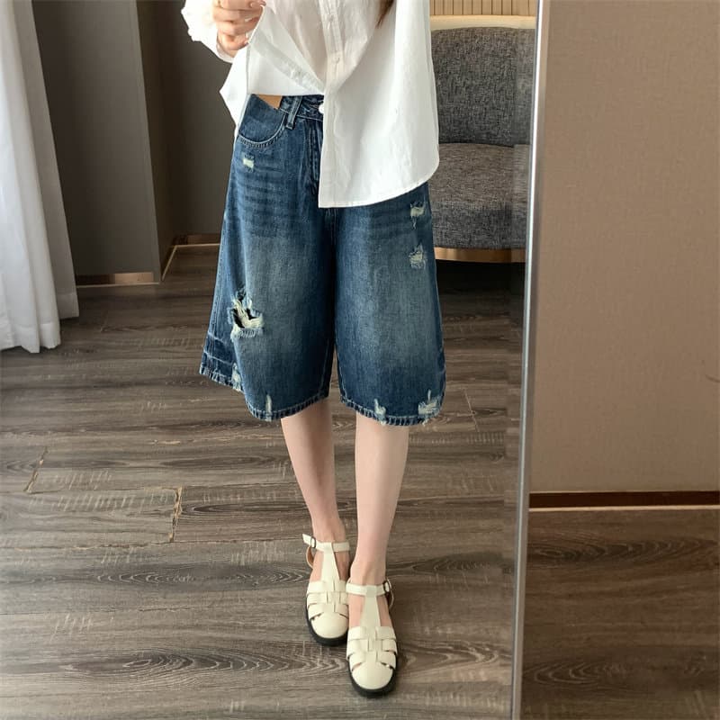 in blue 26 년 여름 새로운 레트로 6 점 찢어진 부분 하이웨이스트 워싱 데님 면 넓은 다리 스트레이트 반바지 여성 이미지 2