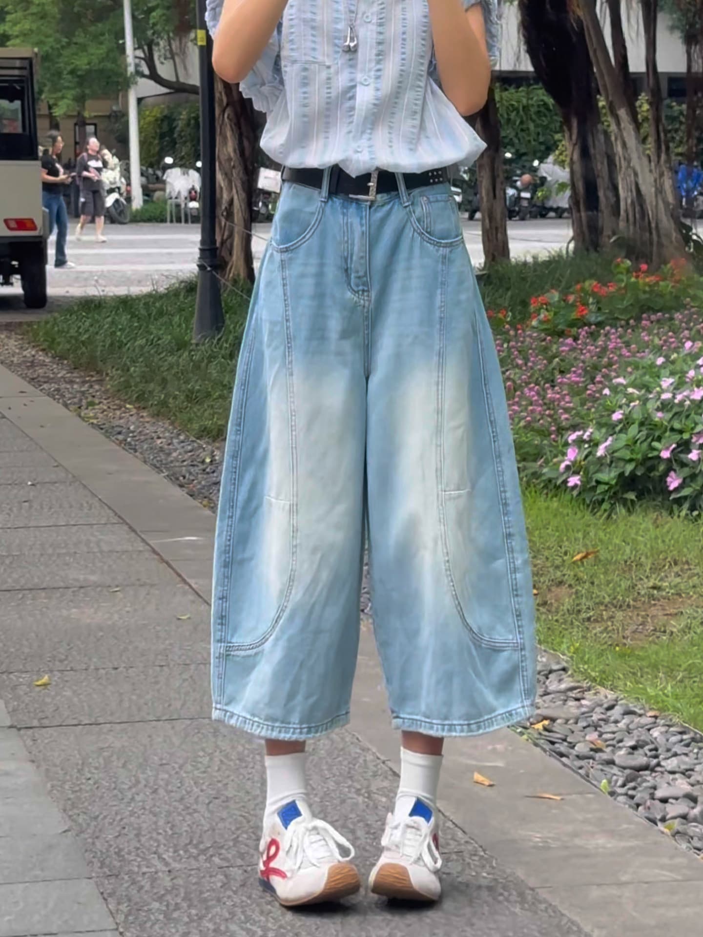 레트로 다용도 워싱 8 점 넓은 다리 청바지 여성 여름 얇은 스타일 2026 새로운 하이웨이스트 루즈핏 슬림해 보이는 모통이 칼 바지 상세 이미지 1