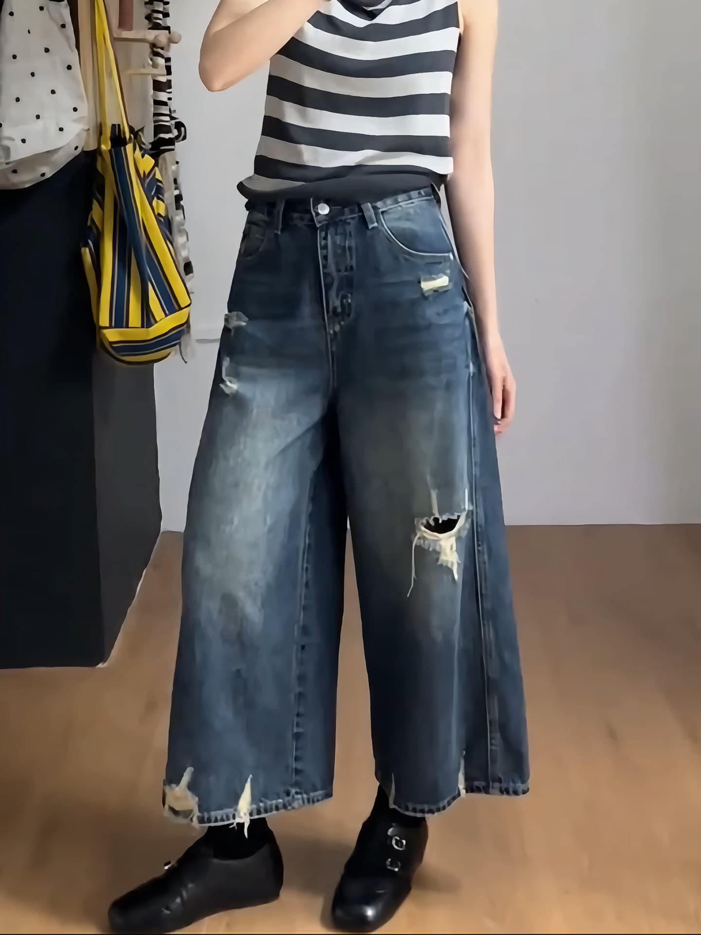 패션 연령 감소 찢어진 부분 넓은 다리 청바지 여성 여름 얇은 스타일 2026 새로운 작은 키 루즈핏 8 점 스트레이트 팬츠 상세 이미지 1