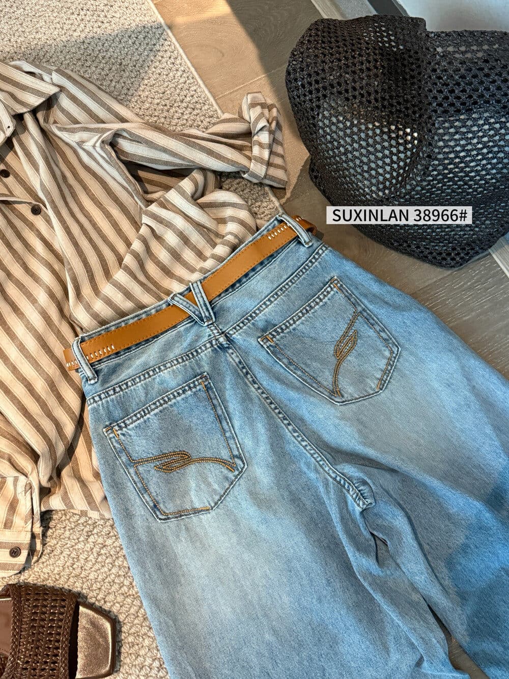 素心 블루 38966 트렌디 차가운 마 오래된 착용 캐주얼 8 점 모통이 칼 바지 주머니 자수 디자인 청바지 여성 상세 이미지 21