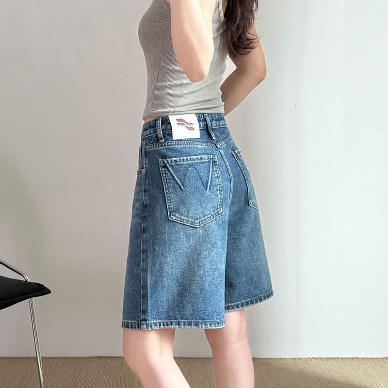 실사 레트로 블루 이후 주머니 디자인 센스 데님 반바지 여름 새로운 하이웨이스트 슬림해 보이는 5 점 캐주얼 바지 이미지 2
