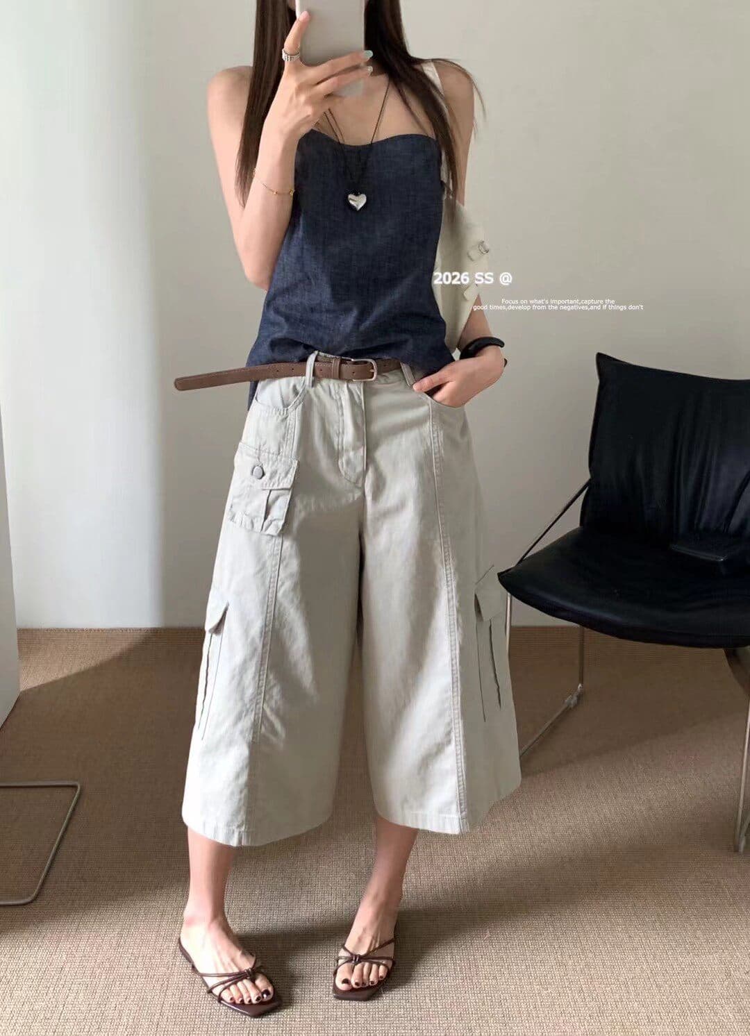 momoo 여름 드레스 새로운 한국 스타일 미니멀리즘 다용도 한 부서 디자인 센스 작은 대중 워크웨어 바람 캐주얼 바지 상세 이미지 6
