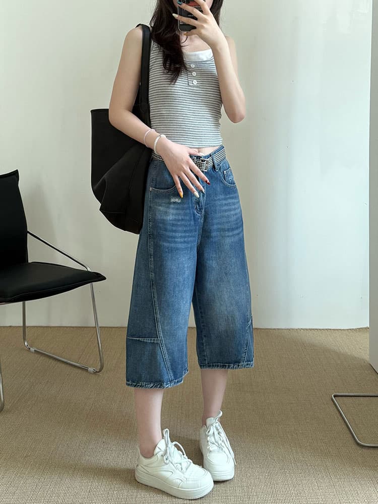 실사 한국 스타일 기울이기 압력 라인 워싱 레트로 노스탤지어 색상 찢어진 데님 7부 바지 여름 루즈핏 와이드 레그 팬츠 상세 이미지 6