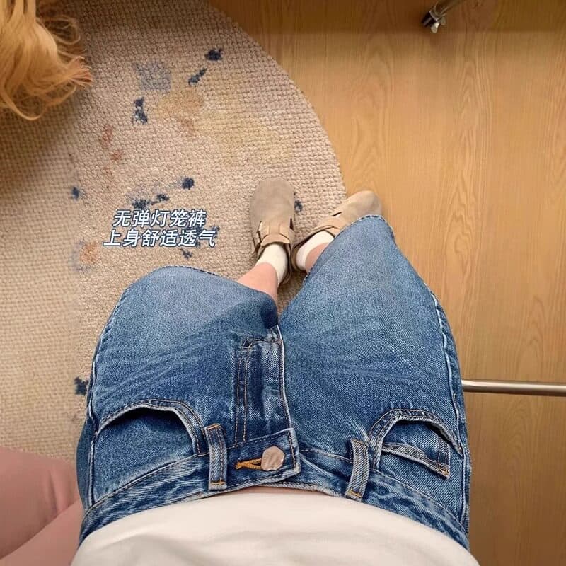 파란색 스트레이트 데님 반바지 여성 여름 얇은 스타일 빅 사이즈 배 모양 몸 루즈핏 슬림해 보이는 5 점 넓은 다리 배기 바지 이미지 5