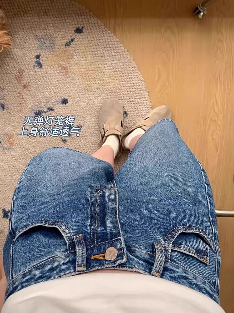 파란색 스트레이트 데님 반바지 여성 여름 얇은 스타일 빅 사이즈 배 모양 몸 루즈핏 슬림해 보이는 5 점 넓은 다리 배기 바지 상세 이미지 6