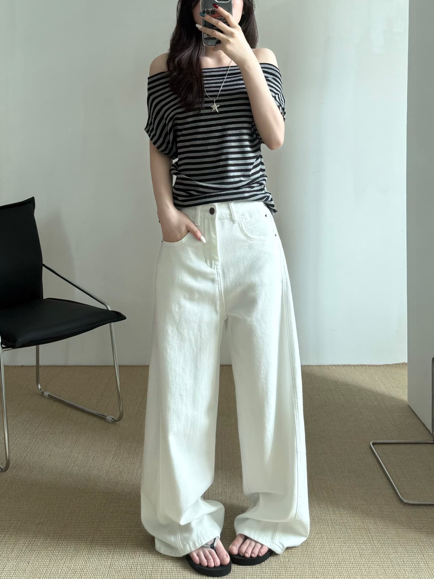실사 화이트 넓은 다리 모통이 칼 바지 여성 2026 여름 새로운 하이웨이스트 다용도 루즈핏 표지 고기 청바지 긴 바지 상세 이미지 1