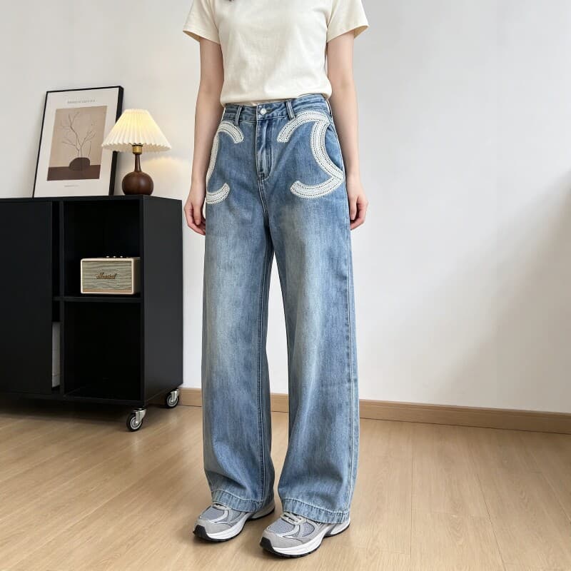 통통한 여동생 트렌드 자수 넓은 다리 청바지 여성 하이웨이스트 루즈핏 슬림해 보이는 디자인 개성 스트레이트 청바지 상세 이미지 1