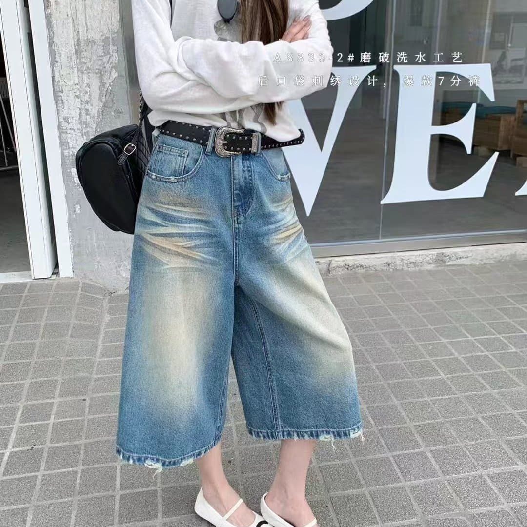 여름 찢어진 워싱 자수 7 분 스트레이트 광저우 열세 개 폭발 브랜드 데님 반바지 아이들 이미지 2