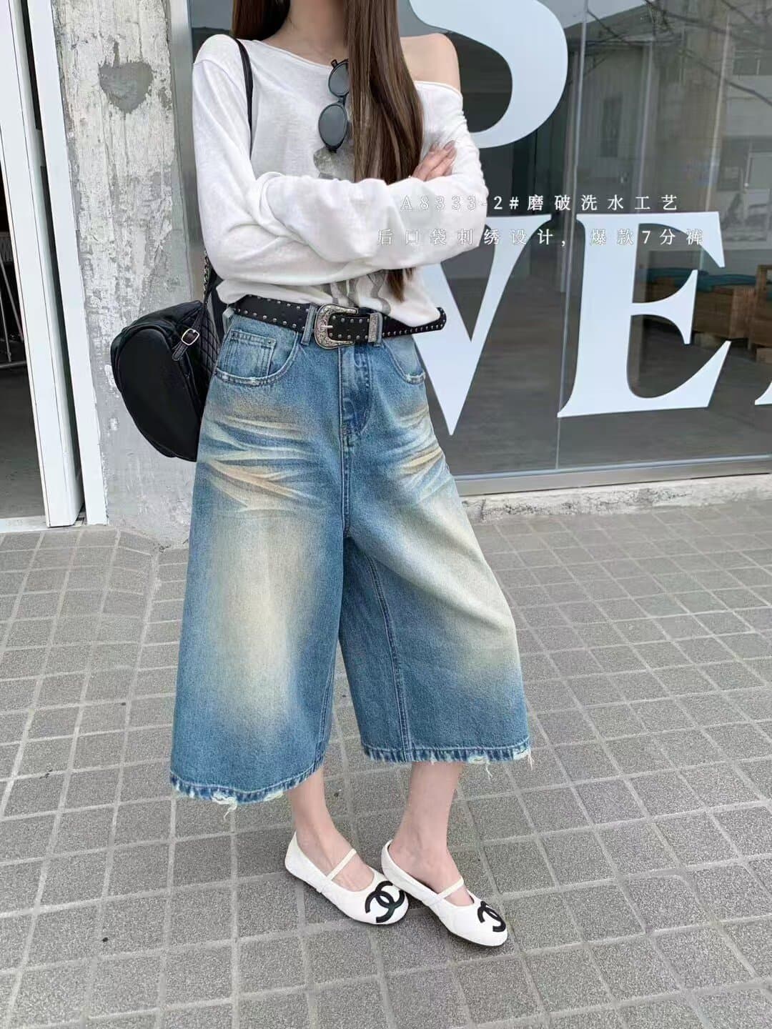 여름 찢어진 워싱 자수 7 분 스트레이트 광저우 열세 개 폭발 브랜드 데님 반바지 아이들 상세 이미지 1