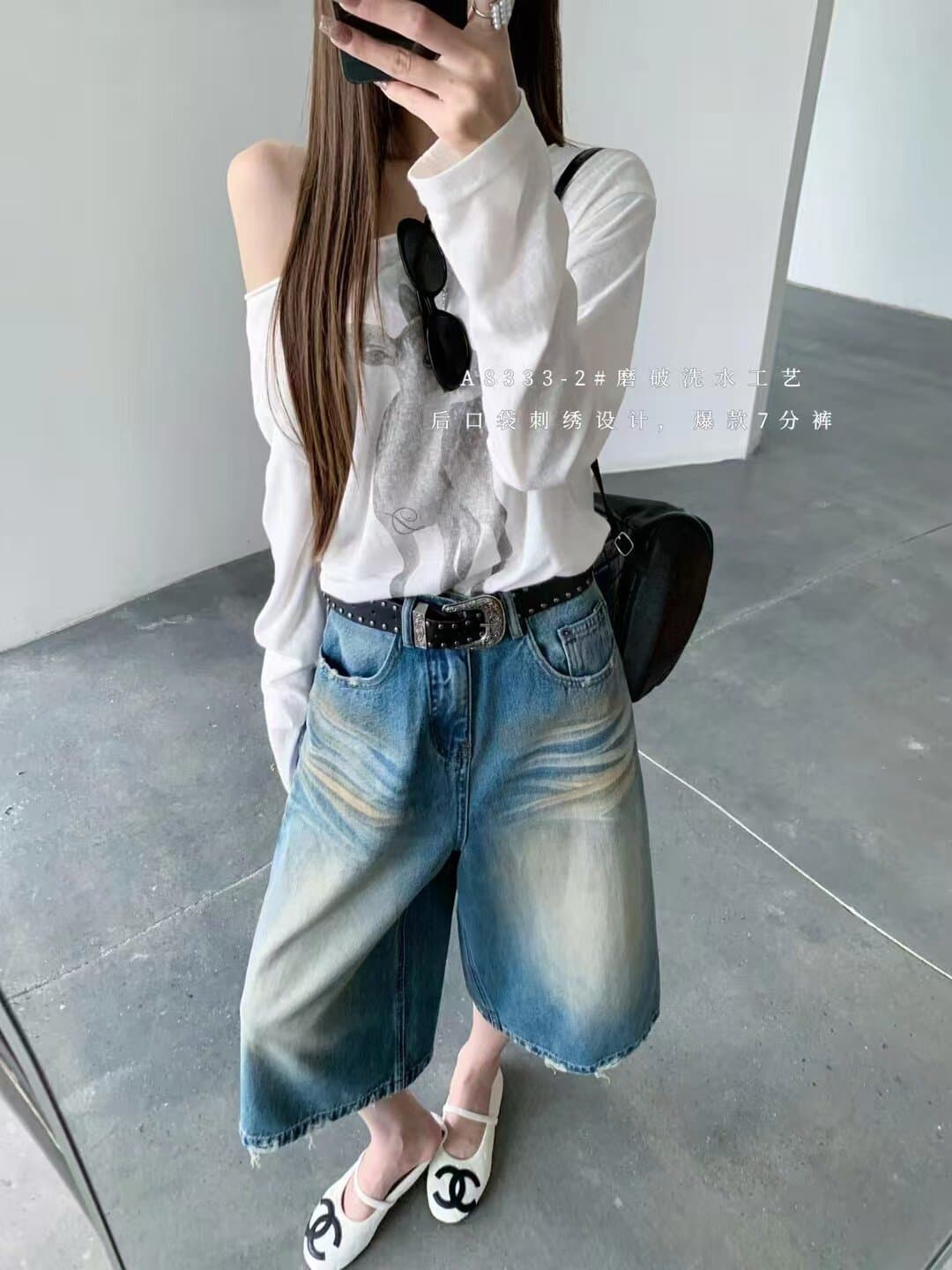여름 찢어진 워싱 자수 7 분 스트레이트 광저우 열세 개 폭발 브랜드 데님 반바지 아이들 상세 이미지 2