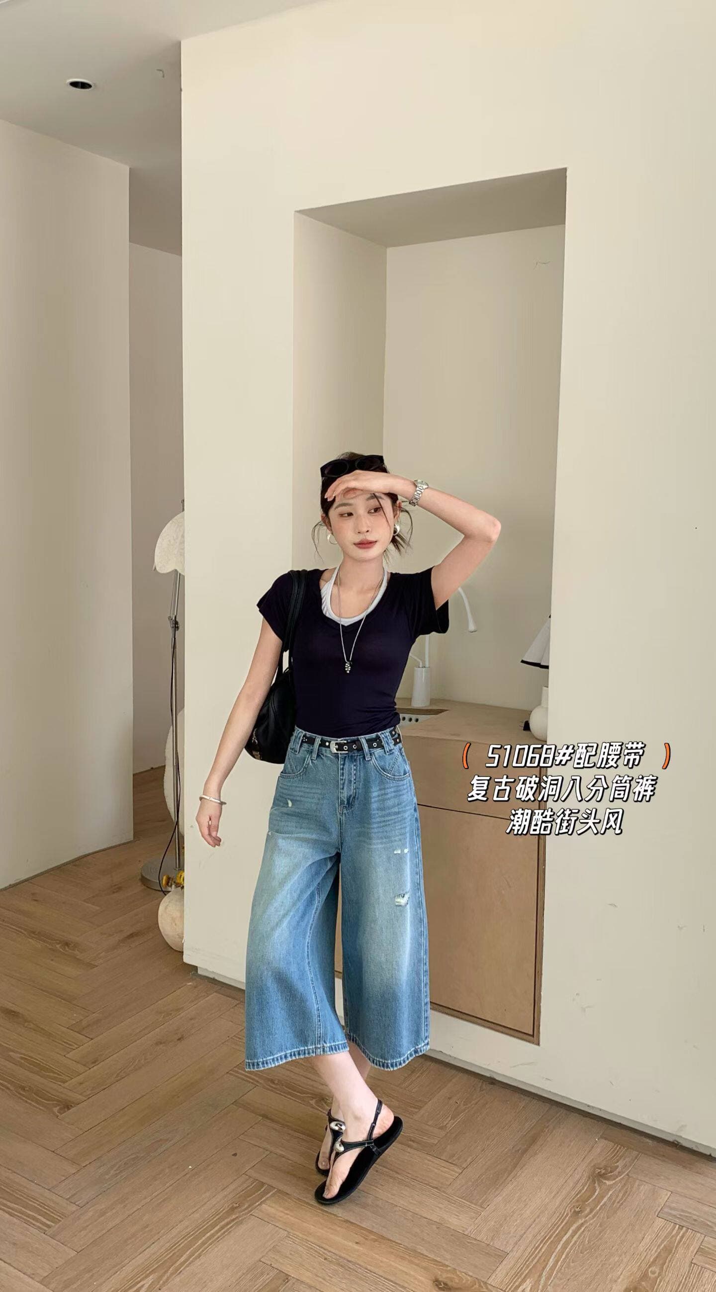 2026 여름 새로운 슬림해 보이는 넓은 다리 8 점 청바지 레트로 찢어진 부분 트렌드 거리 바람 스트레이트 팬츠 이미지 2