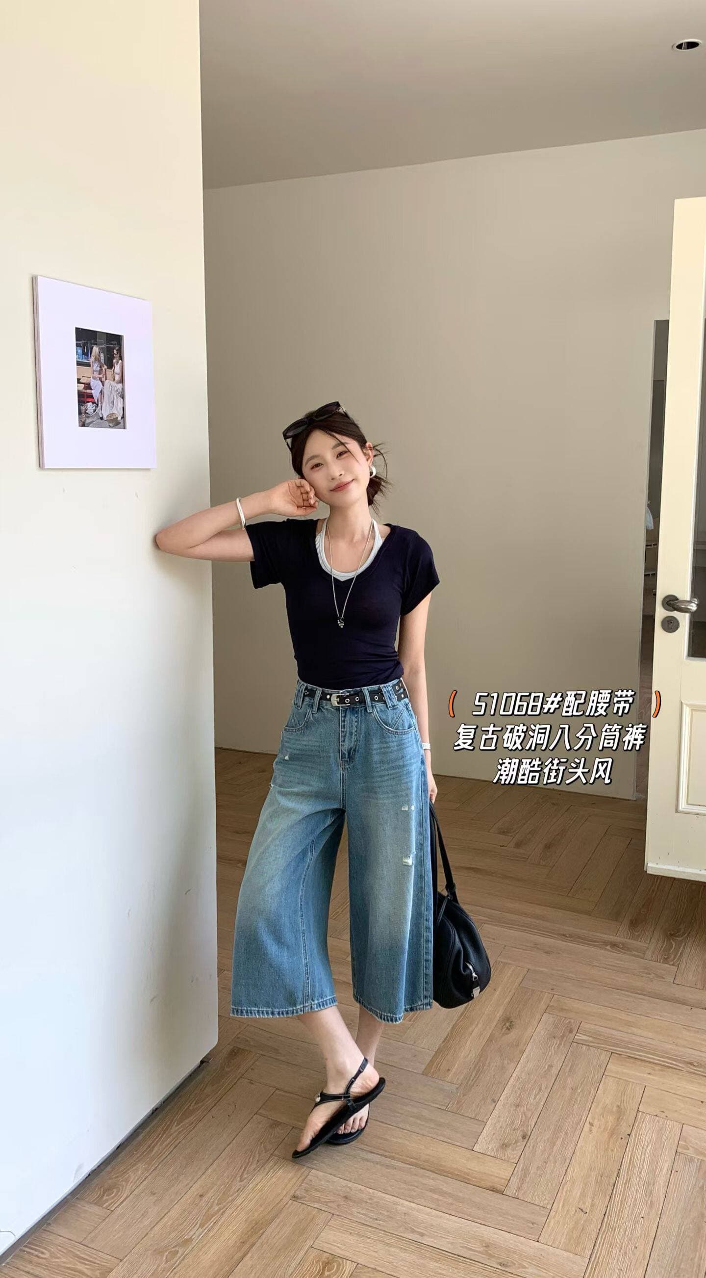 2026 여름 새로운 슬림해 보이는 넓은 다리 8 점 청바지 레트로 찢어진 부분 트렌드 거리 바람 스트레이트 팬츠 상세 이미지 1