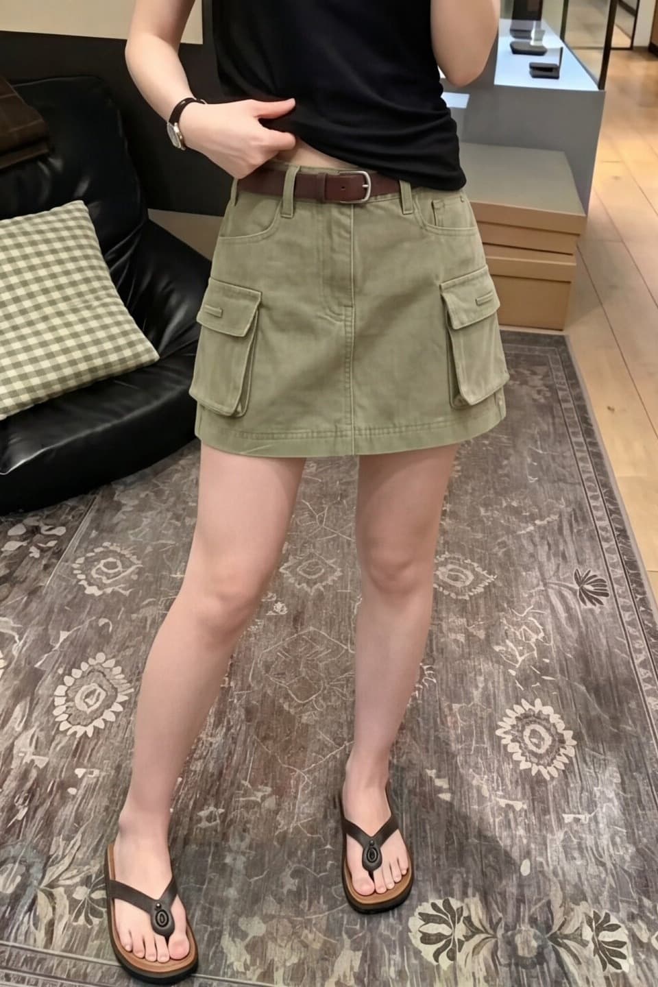 워크웨어 바람 기타 주머니 반신 스커트 여성 여름 하이웨이스트 한 마디 슬림해 보이는 미니 스커트 녹색 패션 다용도 A라인 스커트 이미지 6