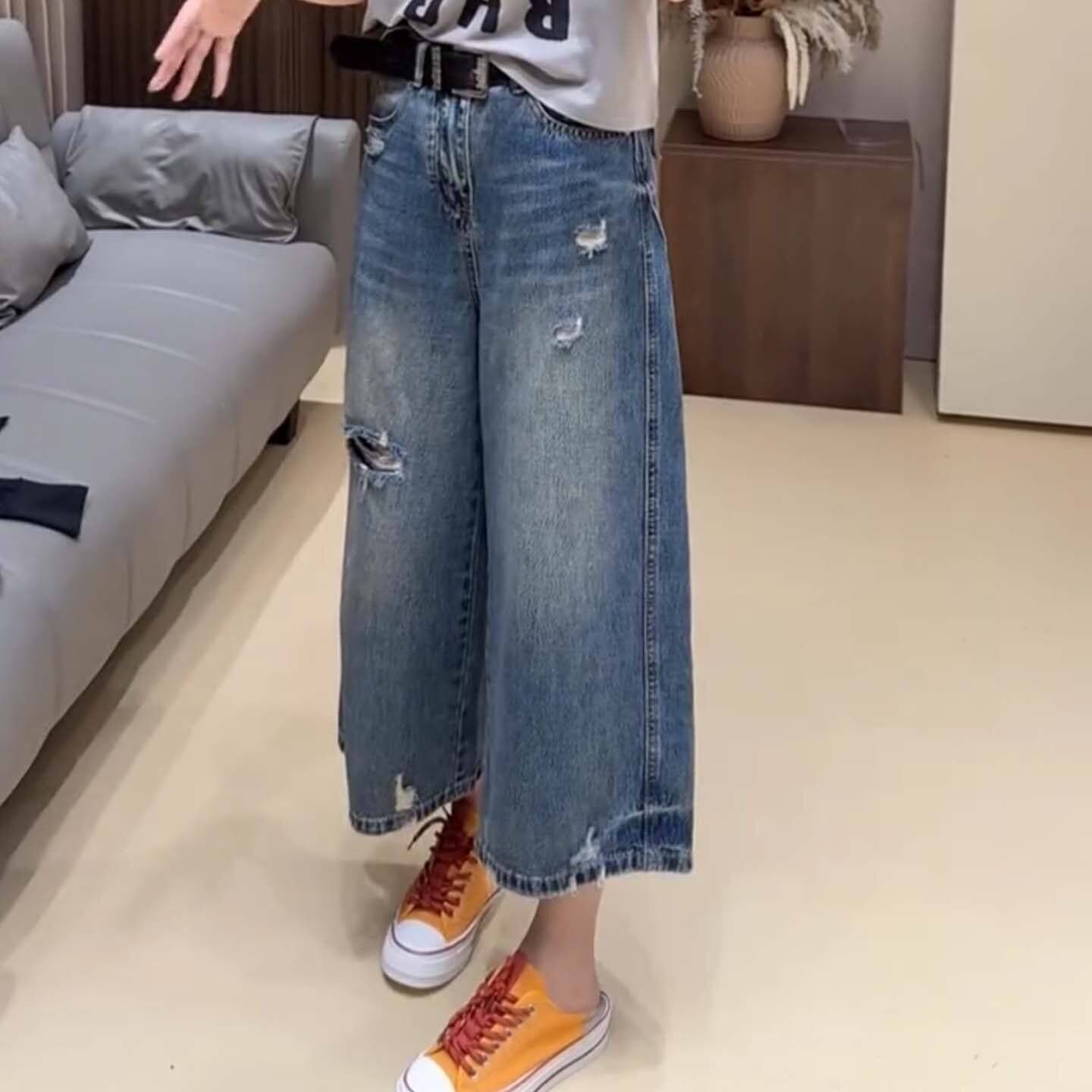 아메리칸 레트로 찢어진 부분 8 점 청바지 여성 2026 여름 새로운 얇은 스타일 루즈핏 슬림해 보이는 스트레이트 와이드 레그 팬츠 어린이 상세 이미지 2