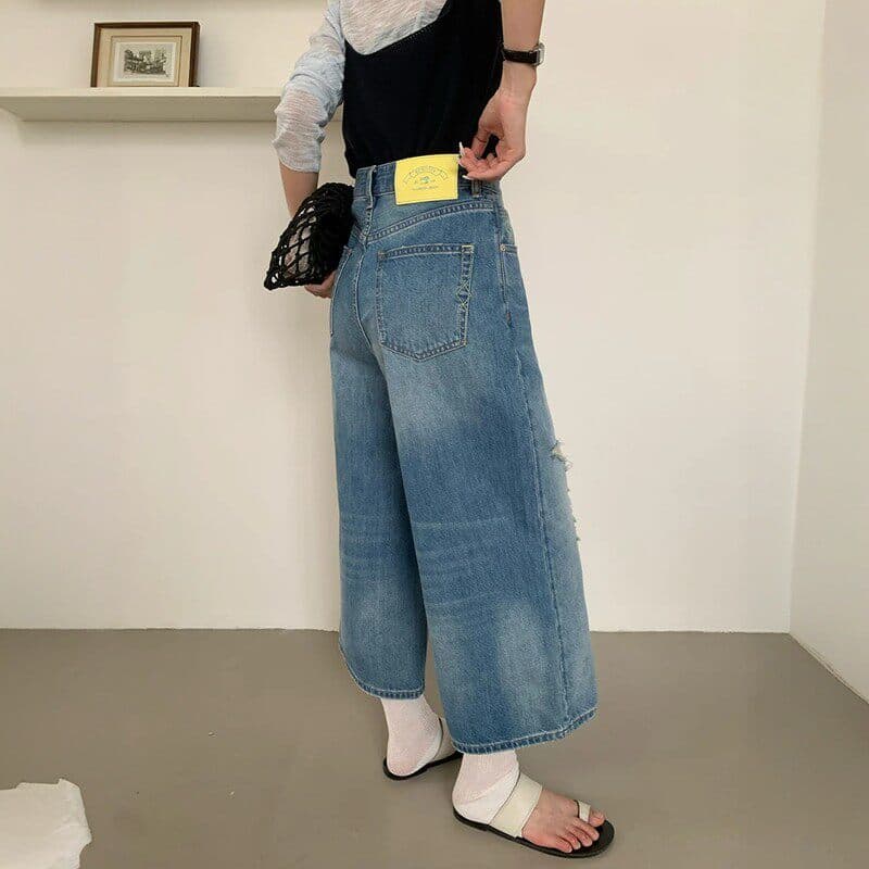 하늘색 하이웨이스트 찢어진 부분 넓은 다리 청바지 여성 봄 유럽 상품 루즈핏 슬림해 보이는 다용도 8 점 스트레이트 캐주얼 바지 이미지 6