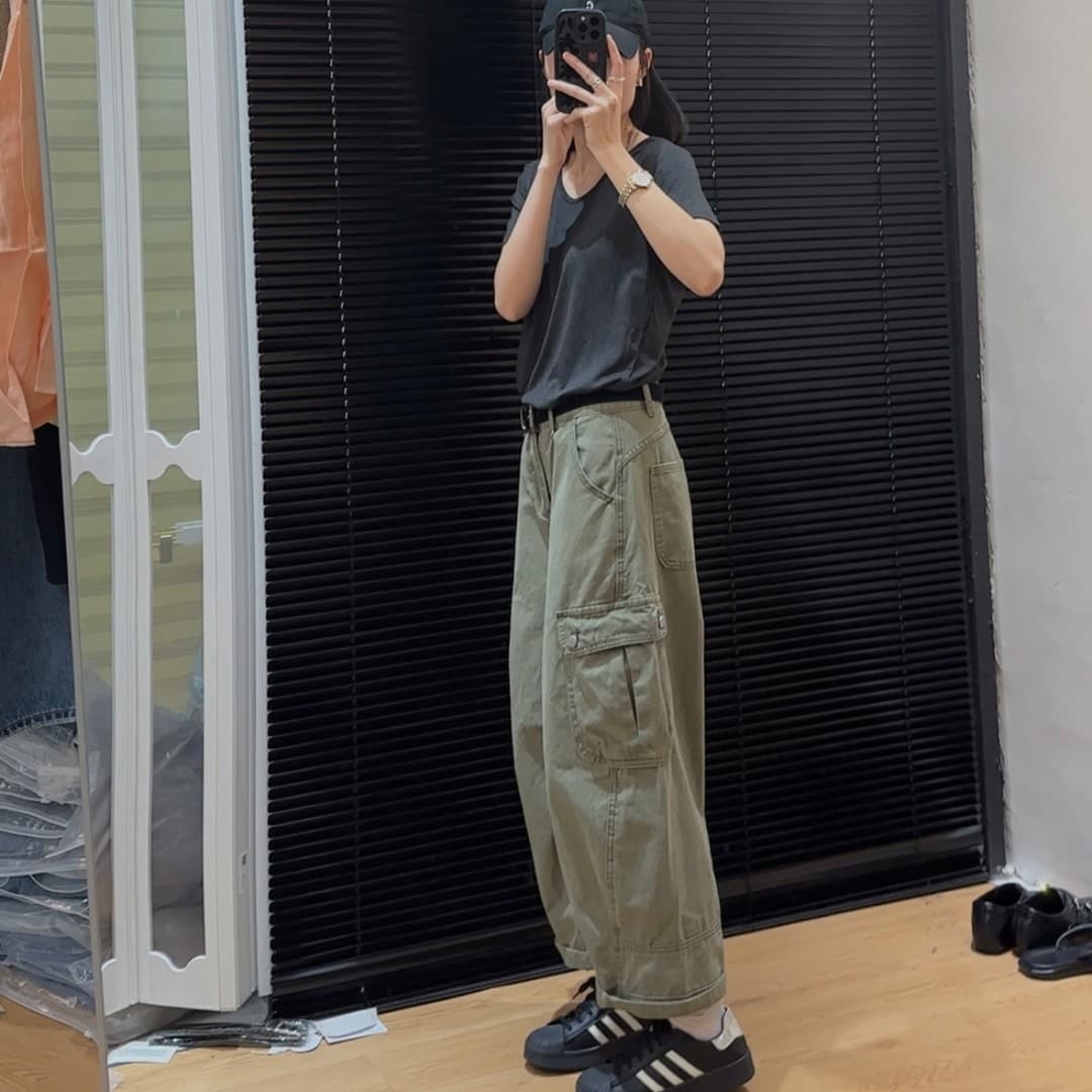 올리브 그린 아메리칸 9 포인트 워크웨어 팬츠 2026 여름 새로운 루즈핏 슬림해 보이는 캐주얼 9 포인트 스트레이트 청바지 이미지 2