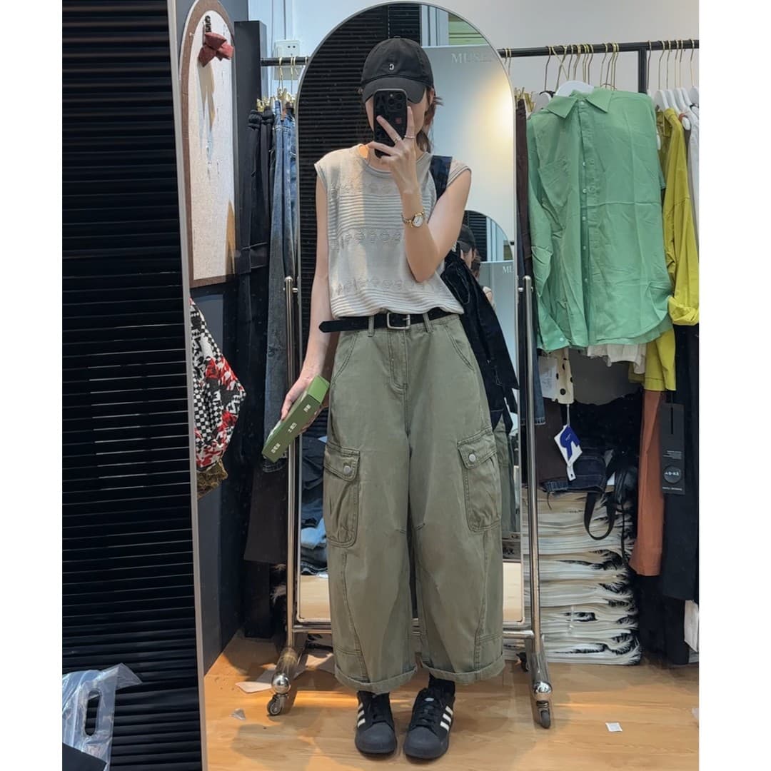올리브 그린 아메리칸 9 포인트 워크웨어 팬츠 2026 여름 새로운 루즈핏 슬림해 보이는 캐주얼 9 포인트 스트레이트 청바지 이미지 3