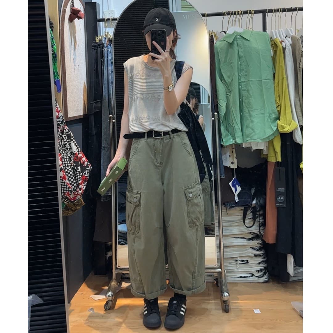 올리브 그린 아메리칸 9 포인트 워크웨어 팬츠 2026 여름 새로운 루즈핏 슬림해 보이는 캐주얼 9 포인트 스트레이트 청바지 상세 이미지 2
