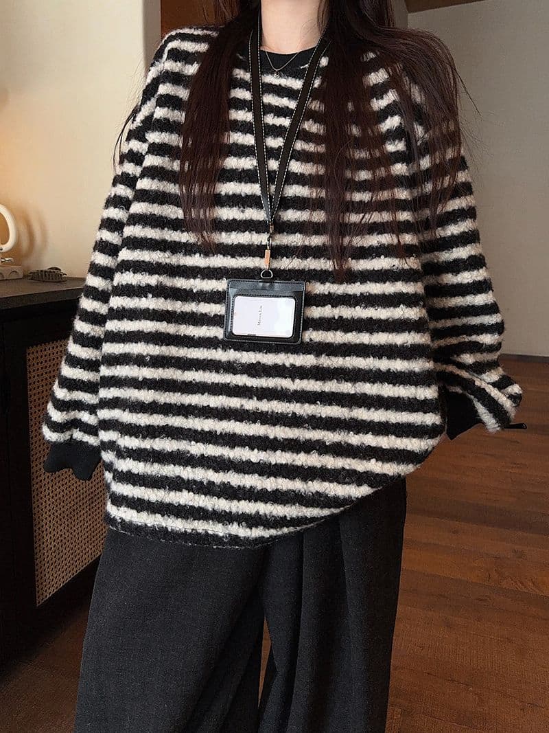 실사 특별 가격 털 서클 스트라이프 털이 있는 후드티 가을 겨울 새로운 한 부서 배색 스트라이프 루즈핏 라운드 넥 보온 맨위 이미지 3