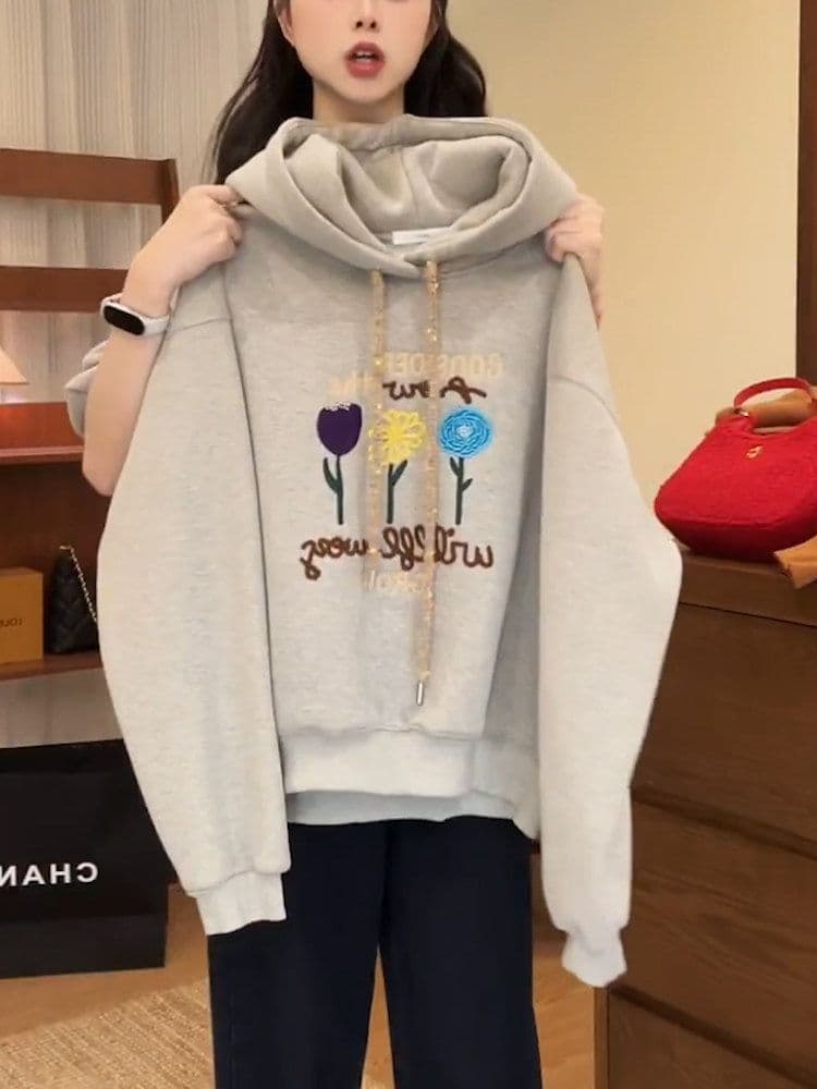 경관 그림 특별 가격 순수한 Mianhua 면 복합 오스트리아 과립 플러시 후드티 여성 의류 가을 겨울 새로운 가시 자수 후드 보온 맨위 이미지 3