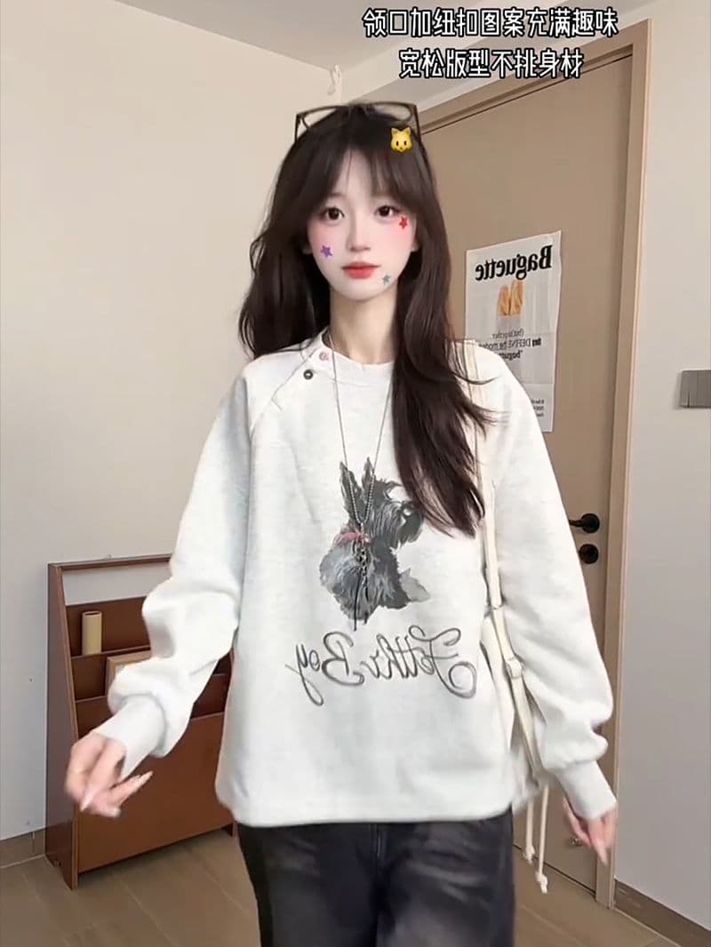 경관 그림 특별 가격 순수한 Mianhua 면 복합 우유 실크 후드티 여성 의류 트렌디 봄 가을 새로운 얇은 스타일 루즈핏 라운드 넥 맨위 이미지 4