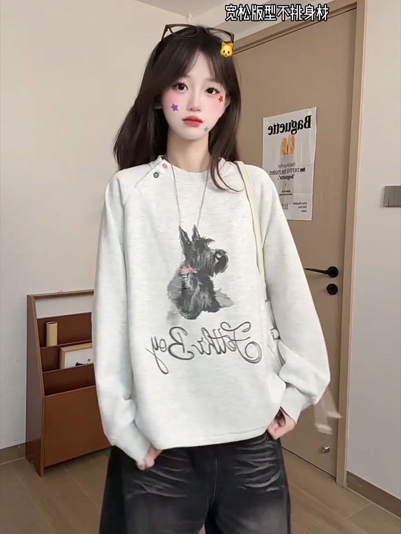 경관 그림 특별 가격 순수한 Mianhua 면 복합 우유 실크 후드티 여성 의류 트렌디 봄 가을 새로운 얇은 스타일 루즈핏 라운드 넥 맨위 상세 이미지 6
