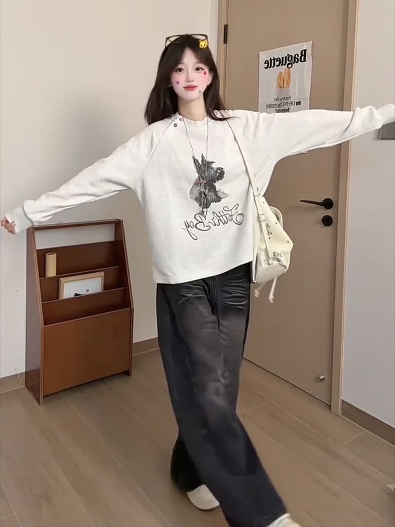 경관 그림 특별 가격 순수한 Mianhua 면 복합 우유 실크 후드티 여성 의류 트렌디 봄 가을 새로운 얇은 스타일 루즈핏 라운드 넥 맨위 상세 이미지 7