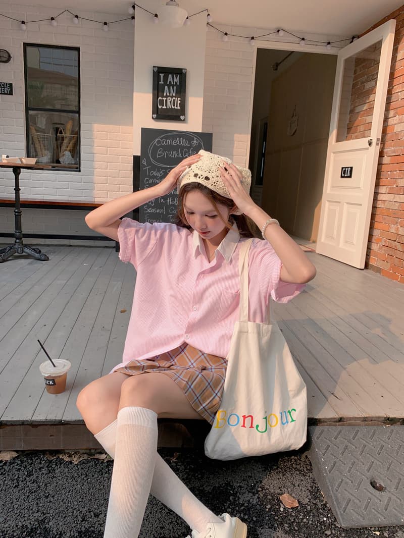 실사 레트로 패치워크 핑크색 스트라이프 반팔 여성 셔츠 학원 스타일 작은 키 루즈핏 여름 POLO 칼라 맨위 상세 이미지 6