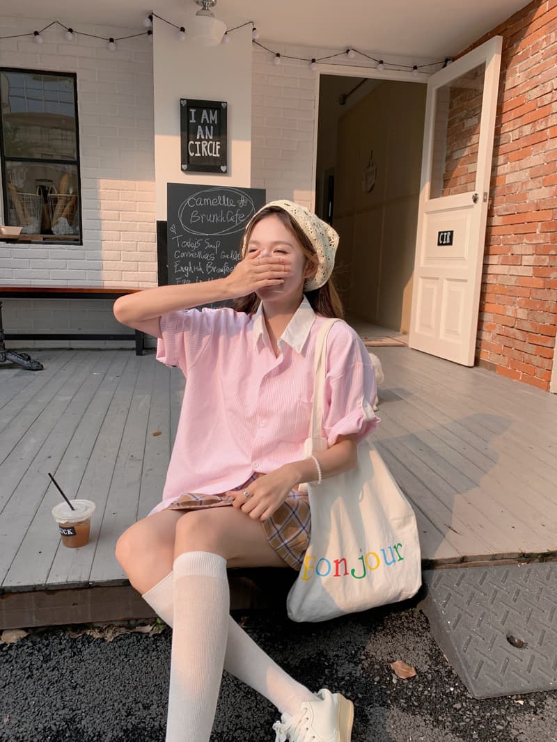 실사 레트로 패치워크 핑크색 스트라이프 반팔 여성 셔츠 학원 스타일 작은 키 루즈핏 여름 POLO 칼라 맨위 상세 이미지 18