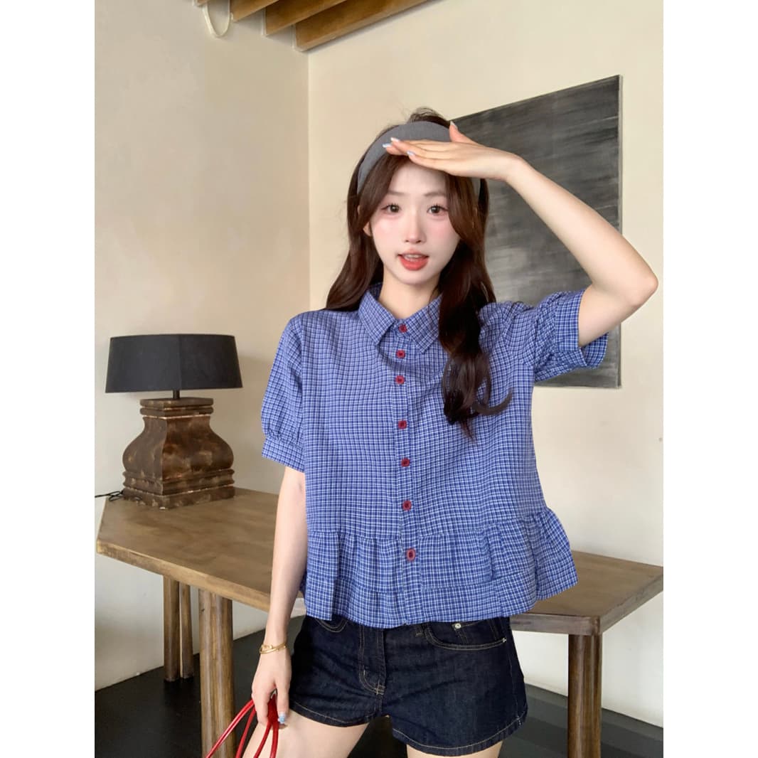 실사 파란색 체크무늬 거품 소매 여성 셔츠 2026 여름 Chic miu 부서 착용 가져 가라. 프릴 셔츠 맨위