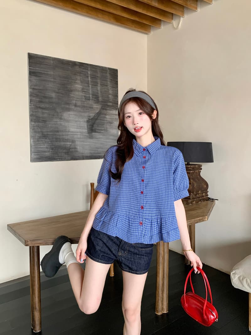 실사 파란색 체크무늬 거품 소매 여성 셔츠 2026 여름 Chic miu 부서 착용 가져 가라. 프릴 셔츠 맨위 상세 이미지 9