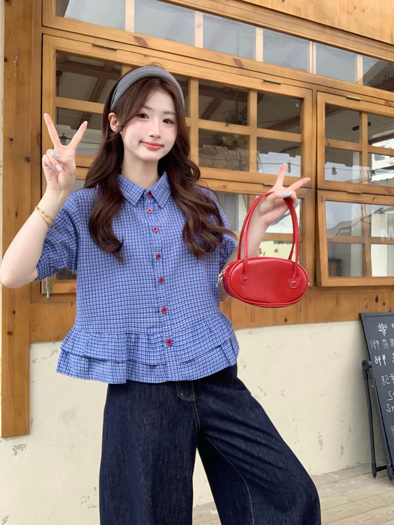 실사 파란색 체크무늬 거품 소매 여성 셔츠 2026 여름 Chic miu 부서 착용 가져 가라. 프릴 셔츠 맨위 상세 이미지 10