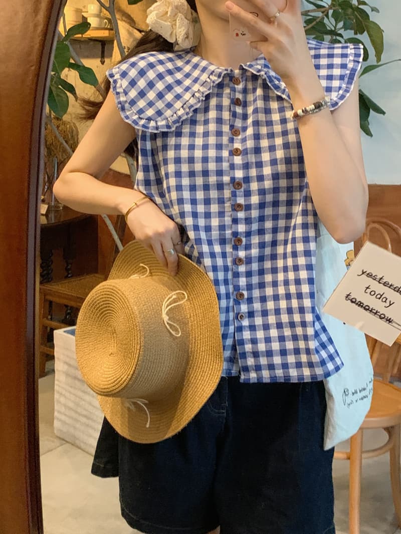 실사 체크무늬 프릴 칼라 민소매 여성 셔츠 2026 년 새로운 작은 대중 연령 감소 Chic 베이비 칼라 조끼 맨위 상세 이미지 8