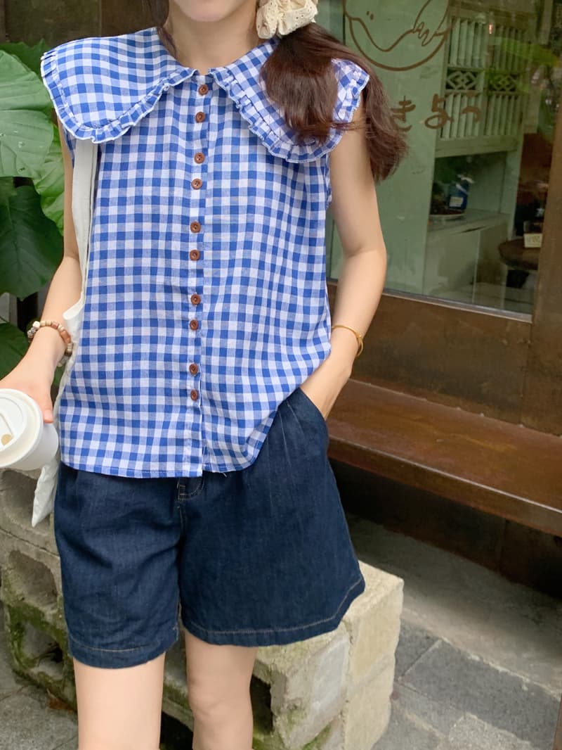 실사 체크무늬 프릴 칼라 민소매 여성 셔츠 2026 년 새로운 작은 대중 연령 감소 Chic 베이비 칼라 조끼 맨위 상세 이미지 16