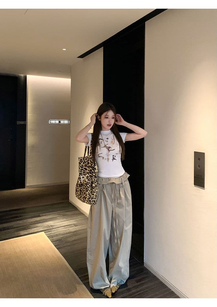 아메리칸 느긋한 느슨함 뒤집다 측면 디자인 꽃밭 허리 머리 풍선 바지 얇은 허리밴드 와이드 레깅스 바지 긴 바지 상세 이미지 3