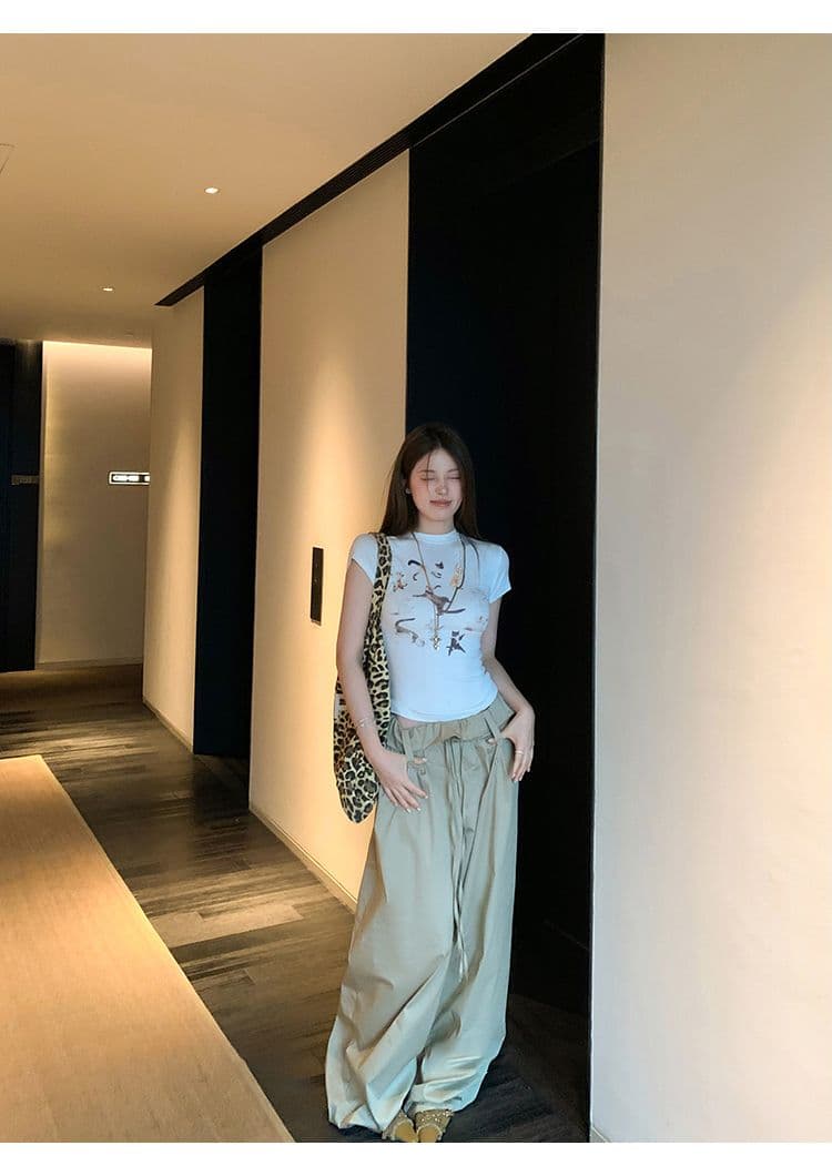 아메리칸 느긋한 느슨함 뒤집다 측면 디자인 꽃밭 허리 머리 풍선 바지 얇은 허리밴드 와이드 레깅스 바지 긴 바지 상세 이미지 5