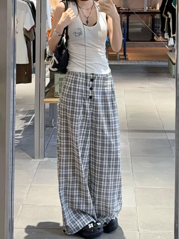 새로운 체크무늬 캐주얼 바지 여성 여름 얇은 스타일 루즈핏 슬림해 보이는 다용도 스트레이트 바닥 청소 긴 바지 한 상세 이미지 4
