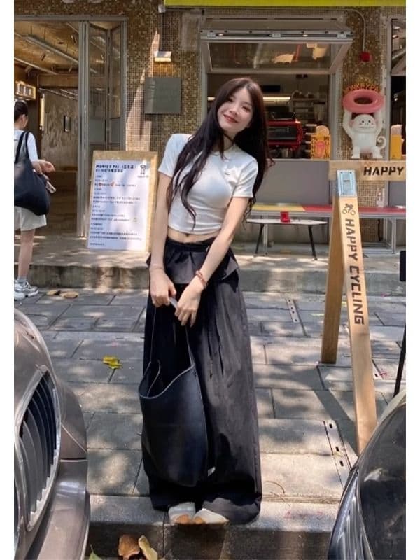 발레 바지 레이스 패치워크 얇은 스타일 캐주얼 바지 다용도 슬림해 보이는 디자인 센스 검정색 와이드 레그 팬츠 긴 바지