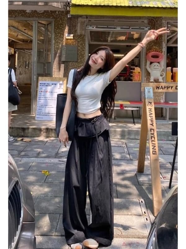 발레 바지 레이스 패치워크 얇은 스타일 캐주얼 바지 다용도 슬림해 보이는 디자인 센스 검정색 와이드 레그 팬츠 긴 바지 이미지 3