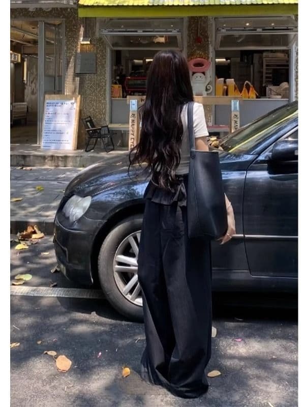 발레 바지 레이스 패치워크 얇은 스타일 캐주얼 바지 다용도 슬림해 보이는 디자인 센스 검정색 와이드 레그 팬츠 긴 바지 이미지 2