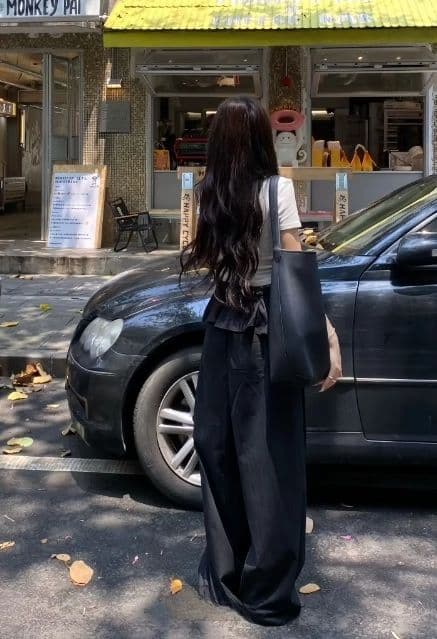 발레 바지 레이스 패치워크 얇은 스타일 캐주얼 바지 다용도 슬림해 보이는 디자인 센스 검정색 와이드 레그 팬츠 긴 바지 상세 이미지 4