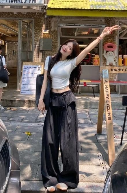 발레 바지 레이스 패치워크 얇은 스타일 캐주얼 바지 다용도 슬림해 보이는 디자인 센스 검정색 와이드 레그 팬츠 긴 바지 상세 이미지 5