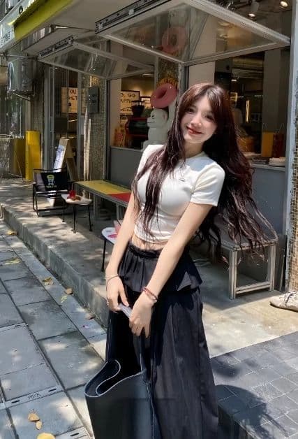 발레 바지 레이스 패치워크 얇은 스타일 캐주얼 바지 다용도 슬림해 보이는 디자인 센스 검정색 와이드 레그 팬츠 긴 바지 상세 이미지 6