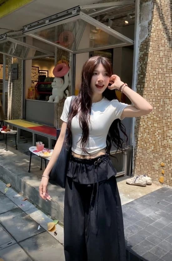 발레 바지 레이스 패치워크 얇은 스타일 캐주얼 바지 다용도 슬림해 보이는 디자인 센스 검정색 와이드 레그 팬츠 긴 바지 상세 이미지 7