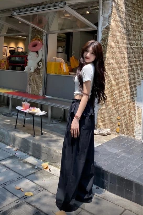 발레 바지 레이스 패치워크 얇은 스타일 캐주얼 바지 다용도 슬림해 보이는 디자인 센스 검정색 와이드 레그 팬츠 긴 바지 상세 이미지 8