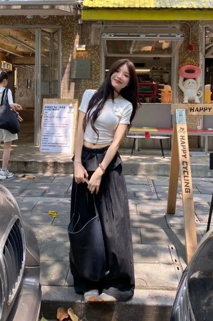 발레 바지 레이스 패치워크 얇은 스타일 캐주얼 바지 다용도 슬림해 보이는 디자인 센스 검정색 와이드 레그 팬츠 긴 바지 상세 이미지 10
