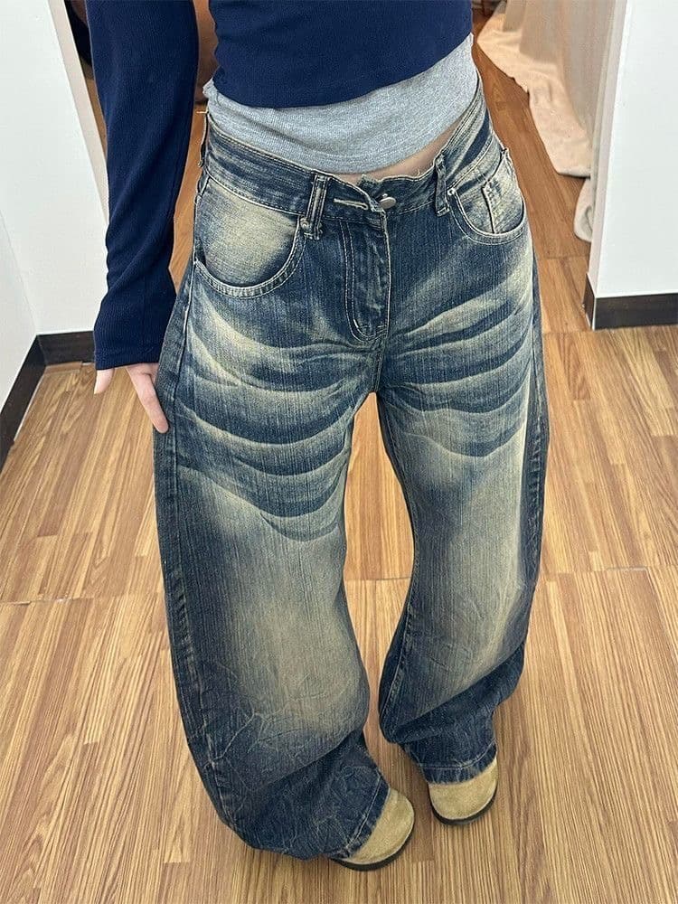 아메리칸 레트로 워싱 그라데이션 모통이 칼 청바지 남녀 거리 마 오래된 스트레이트 루즈핏 넓은 다리 길이 바지 트렌디 이미지 4