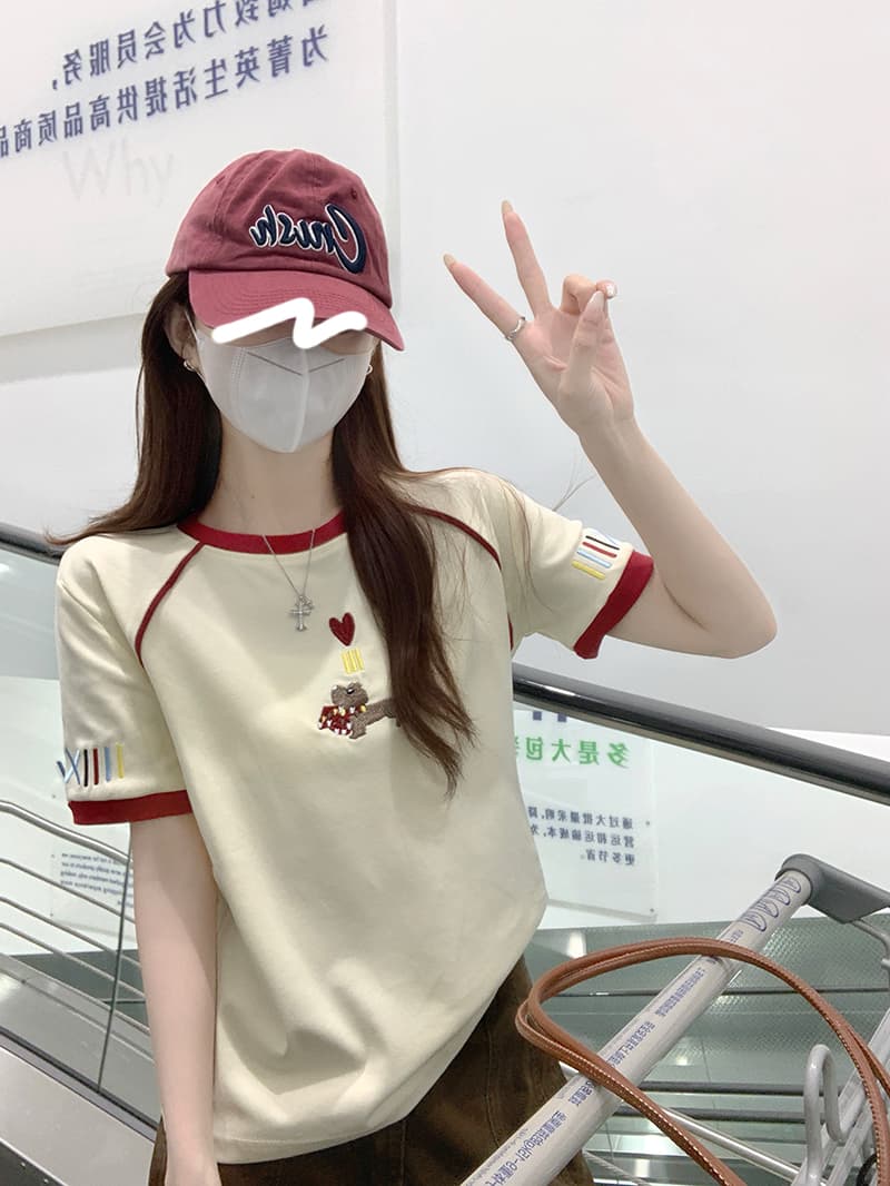 실사 220 그램 물 부드러운 면 양면 반팔 티셔츠 여름 한 부서 새로운 배색 자수 라운드 넥 맨위 여성 의류 상세 이미지 14